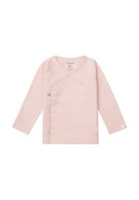 Ljust rosa långärmad skjorta med omslagdesign, ribbad struktur, tryckknappar och en broderad logo på bröstet.