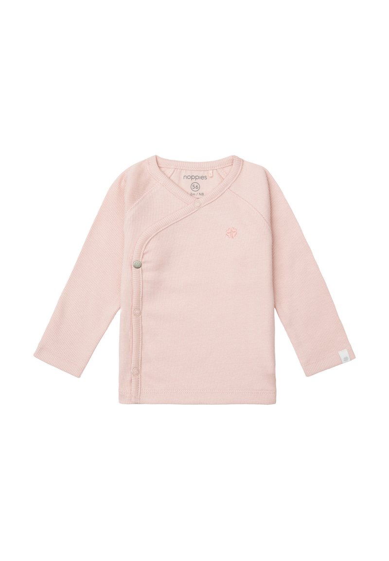 Ljust rosa långärmad skjorta med omslagdesign, ribbad struktur, tryckknappar och en broderad logo på bröstet.