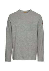 Graues Langarmshirt aus strukturiertem Stoff. Verfügt über einen Rundhalsausschnitt und eine Brusttasche auf der linken Seite. Mit einem braunen Etikett akzentuiert.