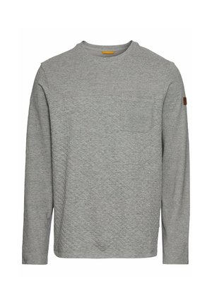 Graues Langarmshirt aus strukturiertem Stoff. Verfügt über einen Rundhalsausschnitt und eine Brusttasche auf der linken Seite. Mit einem braunen Etikett akzentuiert.
