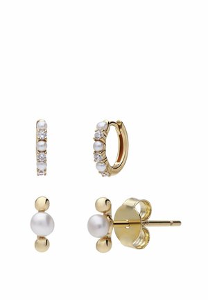 Gouden oorbellen met parels en kleine heldere edelstenen, inclusief een paar creolen en een paar studs met vlinderoorstekers.