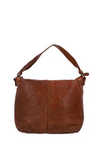 Brun läderväska med en slät yta, utrustad med en enkel axelrem och en framficka med dragkedja. Präglat logotypdetalj på nedre högra sidan.