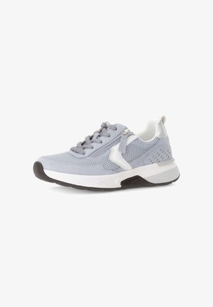 Light grey athletic shoe with mesh and suede materials, white accents, rubber sole, round toe, lace-up design, and side zipper detail.