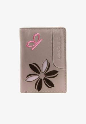 Portefeuille en cuir gris avec des motifs de papillons et de fleurs brodés en rose. Comprend des découpes dans les pétales. Forme compacte et rectangulaire.