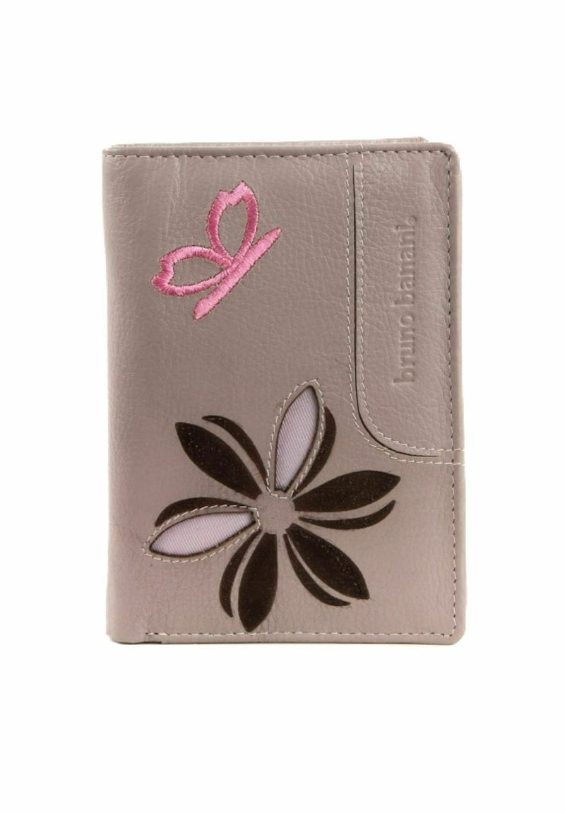 Portefeuille en cuir gris avec des motifs de papillons et de fleurs brodés en rose. Comprend des découpes dans les pétales. Forme compacte et rectangulaire.