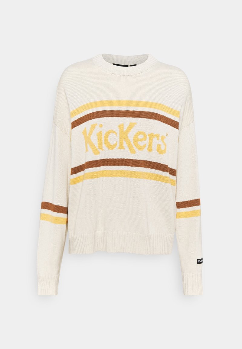 Kremowy sweter wełniany z okrągłym dekoltem, z poziomymi paskami w kolorach brązowym i żółtym, z wyraźnie widocznym logo "Kickers".