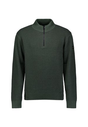 Donkergroene gebreide trui met lange mouwen en een kwart-rits kraag, met geribbelde manchetten en zoom, op een witte achtergrond.