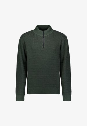 Donkergroene gebreide trui met lange mouwen en een kwart-rits kraag, met geribbelde manchetten en zoom, op een witte achtergrond.