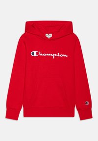 Sudadera de algodón roja con bolsillo frontal, capucha con cordón y logo "Champion" bordado en blanco en el pecho y en la manga.
