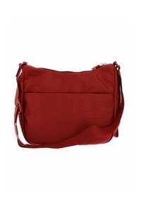 Borsa a tracolla rossa in tessuto con superficie testurizzata, dotata di un compartimento con zip e di una tracolla regolabile. Include una tasca sul retro.