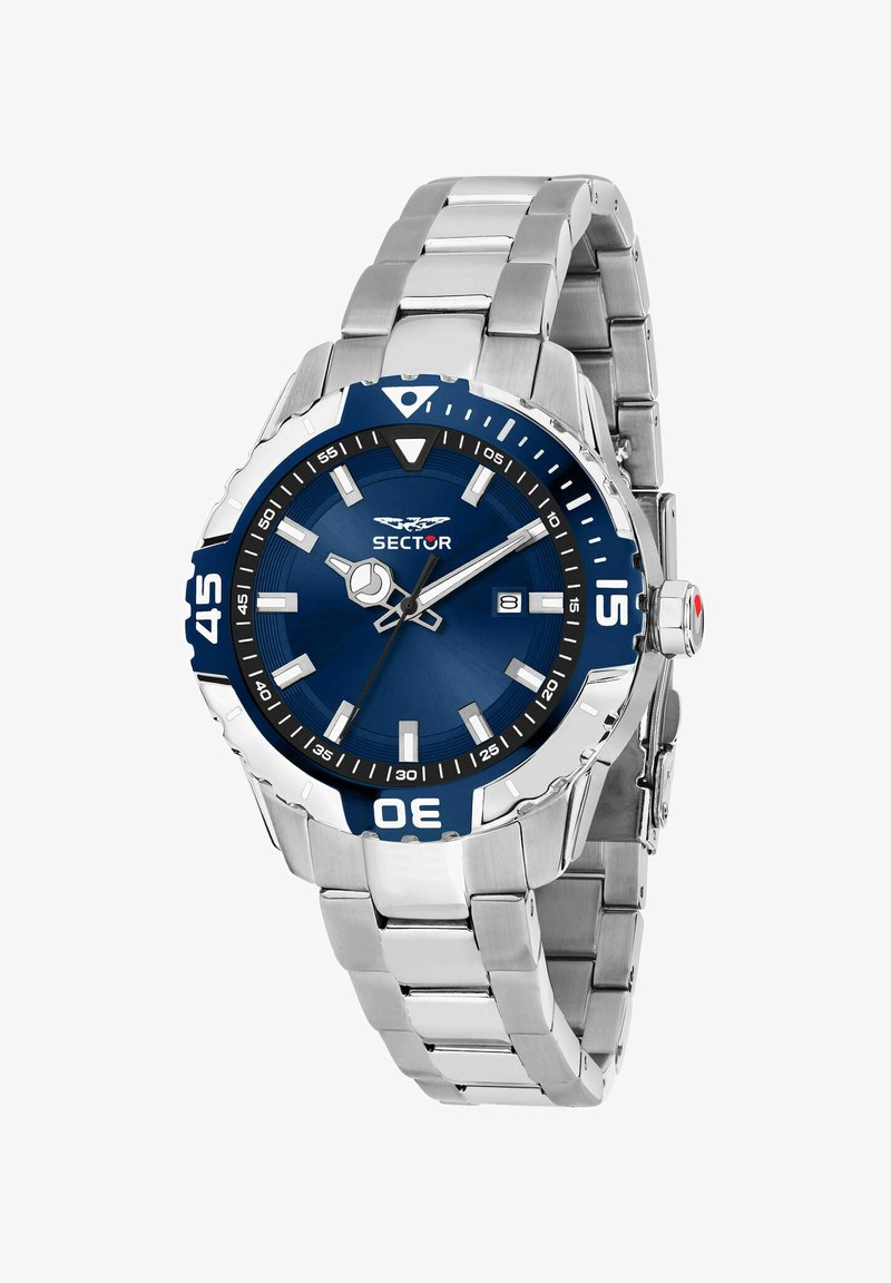 Orologio in acciaio inossidabile argentato con quadrante blu, lancette e indicatori luminosi. Presenta una lunetta girevole e un display della data alle tre.