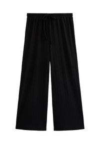 Zwarte wijde broek met een gestructureerd, geplooid ontwerp. Beschikt over een elastische tailleband met een trekkoord voor een verstelbare pasvorm.