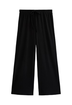 Pantalones de pierna ancha negros con un diseño texturizado y plisado. Cuenta con una cinturilla elástica con cordón ajustable para un ajuste personalizado.