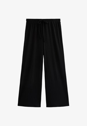 Black wide-leg trousers with a textured, pleated design. Features an elastic waistband with a drawstring for adjustable fit.