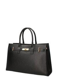 Zwarte leren handtas met een textuurafwerking, dubbele handgrepen, goudkleurige hardware en een sluiting met haak. Rechthoekige vorm met een gestructureerd ontwerp.