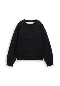 Schwarzer Pullover aus einem strukturierten, plüschigen Stoff. Hat einen runden Halsausschnitt, lange Ärmel und enganliegende schwarze Bündchen an der Taille und an den Handgelenken.