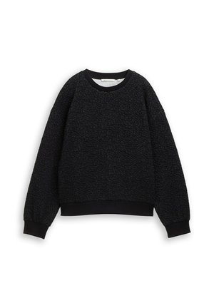 Schwarzer Pullover aus einem strukturierten, plüschigen Stoff. Hat einen runden Halsausschnitt, lange Ärmel und enganliegende schwarze Bündchen an der Taille und an den Handgelenken.