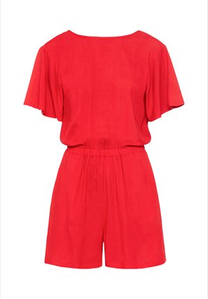Costoia rossa a maniche corte con scollatura a giro, vita cinchata e tessuto fluido. Presenta una vestibilità rilassata e un design a pantaloni corti.