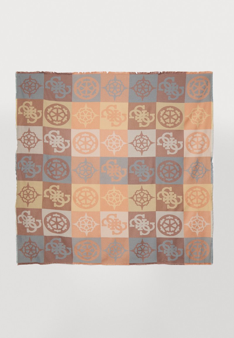 Scarf intrecciato multicolore con motivi geometrici in beige, arancione, blu e marrone. I bordi sono delicatamente frangiati, creando un effetto texture.