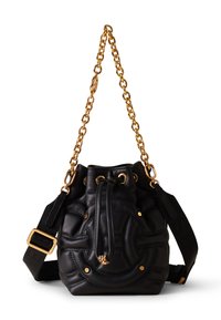Schwarze Leder-Eimer-Tasche mit goldener Kettenriemen, gestepptem Muster, Kordelzugverschluss und verstellbarem Stoff-Schulterriemen. Akzente aus goldfarbenem Metall.