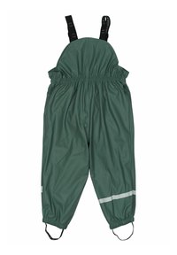 Grøn vandtæt overall med justerbare sorte stropper, samlet elastisk talje, reflekterende stribe og elastiske manchetter for en tæt pasform.
