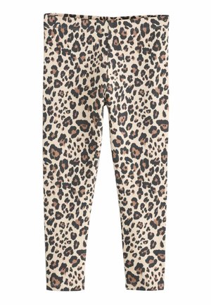Leggings im Leopardenmuster mit einem hellbeigen Hintergrund, der schwarze und braune Flecken aufweist. Stretchstoff mit einem elastischen Bund.