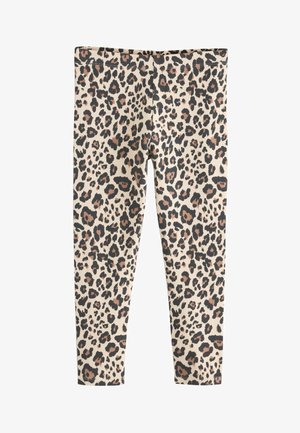 Pantaloni leggings cu imprimeu de leopard pe un fundal bej deschis, având pete negre și maro. Material elastic cu talie din elastan.