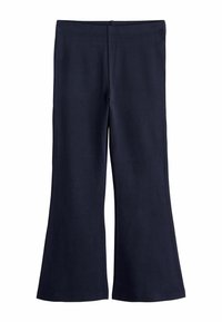 Pantaloni bleumarin evazați dintr-un material moale și elastic. Prezintă un design simplu și talie elastică. Croiala se lărgește de la genunchi în jos.