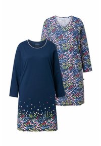 Due tuniche a maniche lunghe: una blu scuro tinta unita con ricamo floreale, l'altra con motivo di fiori multicolori su sfondo scuro.