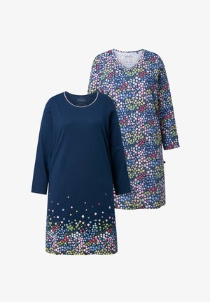 Dwa tuniki z długim rękawem: jedna w kolorze jednolitego granatu z kwiatową haftem, druga we wzór wielokolorowych kwiatów na ciemnym tle.