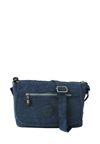 Dunkelblaues Crossbody-Tasche aus strukturiertem Stoff, ausgestattet mit einer Reißverschlusstasche, verstellbarem Riemen und einem kreisförmigen Logodetail.