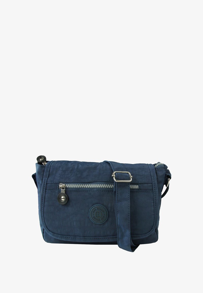 Dunkelblaues Crossbody-Tasche aus strukturiertem Stoff, ausgestattet mit einer Reißverschlusstasche, verstellbarem Riemen und einem kreisförmigen Logodetail.
