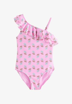 Costume da bagno rosa a spalla unica con bordo a balze, caratterizzato da una stampa floreale in blu e marrone. Realizzato in tessuto elasticizzato e liscio.