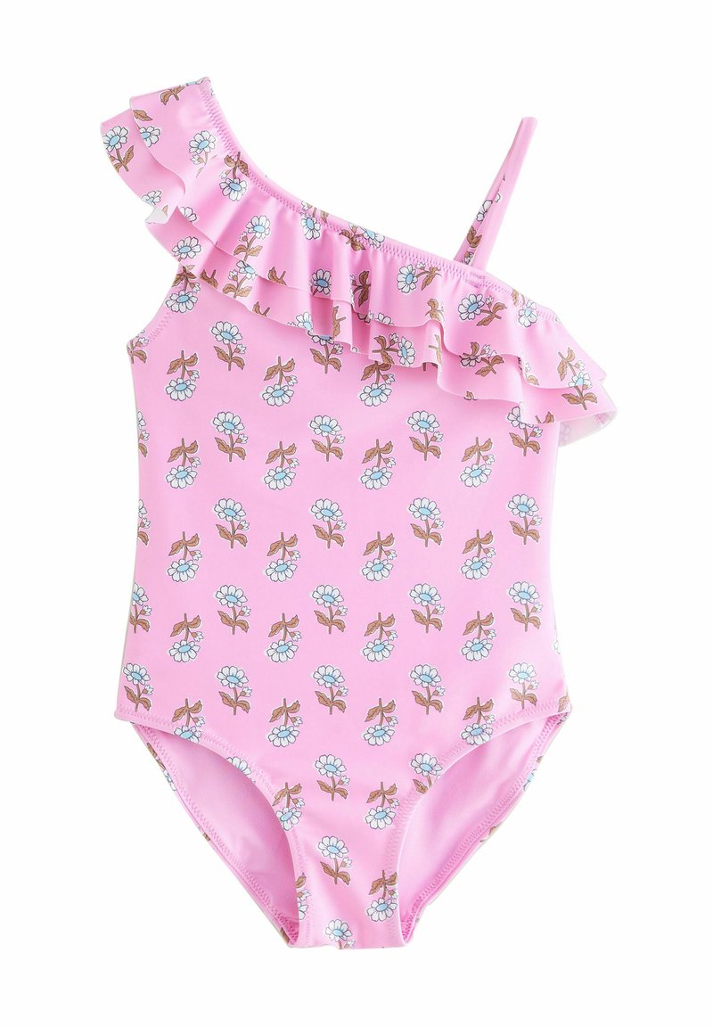 Maillot de bain rose à une épaule avec un bord festonné, présentant un imprimé floral bleu et marron. Fabriqué en tissu extensible et lisse.