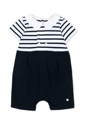 Baby romper met korte mouwen, met wit en marineblauw horizontaal gestreept bovenstuk, effen marineblauw onderstuk, witte Peter Pan kraag en twee kleine knoopjes aan de voorkant.
