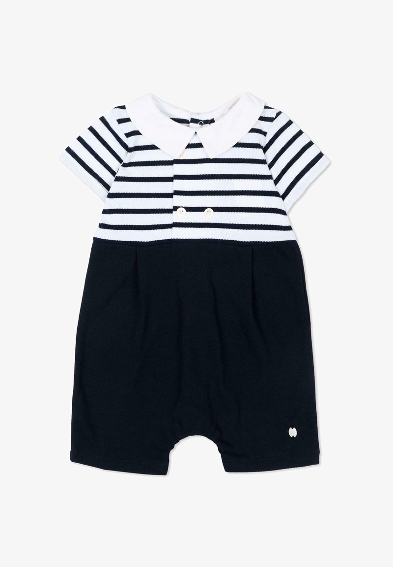 Baby romper met korte mouwen, met wit en marineblauw horizontaal gestreept bovenstuk, effen marineblauw onderstuk, witte Peter Pan kraag en twee kleine knoopjes aan de voorkant.