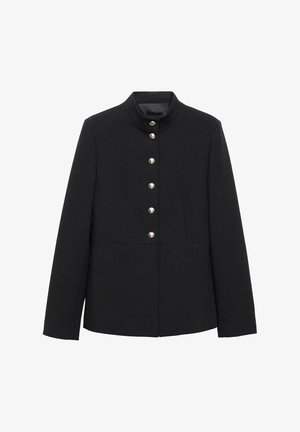 Črna jakna iz gladkega materiala, s stoječim ovratnikom, sprednjim zapiranjem na gumb s šesti kovinskimi gumbi ter strukturirano silhueto.
