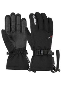 Black gloves featuring a softshell material with leather accents, a snug wrist cuff, and a secure adjustable strap. Reusch branding visible.