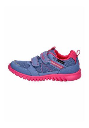 Blue sneaker with pink accents, mesh and synthetic materials, dual hook-and-loop straps, textured sole, and supportive design.