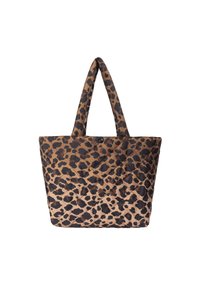 Borsa a tracolla trapuntata di colore marrone con un motivo a leopardato nero. Presenta manici doppi e una forma rettangolare. Texture liscia.
