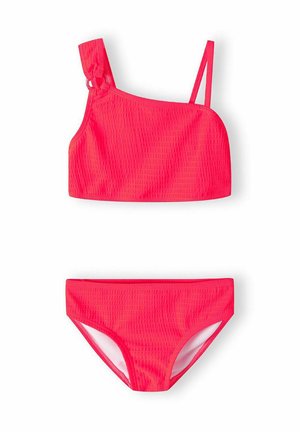 Maillot de bain deux pièces de couleur rose vif, comprenant un haut texturé à une seule sangle et un bas assorti. Design simple avec doublure intérieure contrastante.
