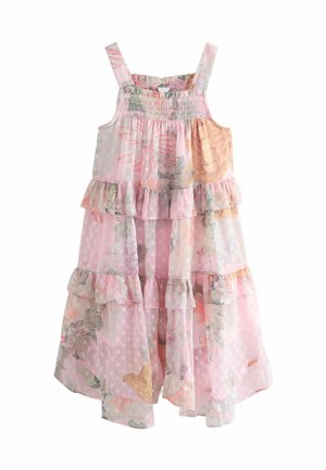 Ružové vrstvené šaty bez rukávov s kvetinovými a bodkovanými vzormi, s volánovými vrstvami a nastaviteľnými ramienkami.