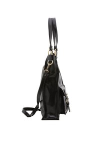 Zwarte leren handtas met een glanzende afwerking, dubbele handvatten en gouden hardware accenten. Bevat een zijvak voor extra opbergruimte.