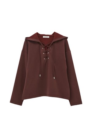 Bruine hoodie met een vetering aan de voorkant en zilveren hardware. Heeft een zachte textuur en een relaxte pasvorm met lange mouwen.