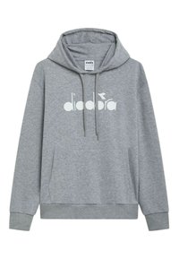 Felpa grigia in misto cotone, con tasca a canguro, cappuccio con cordino e grafica bianca del logo sul petto. Vestibilità standard.