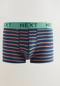 Calzoncillos de boxer a rayas marino con líneas horizontales multicolores. Cintura elástica en verde con la palabra "NEXT" impresa en negro. Textura de tela suave.