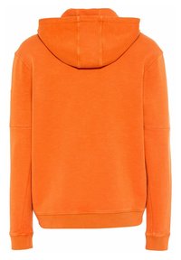 Sweat à capuche orange vif avec manches longues, poignets et taille côtelés, vu de dos sur fond blanc.