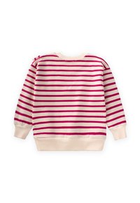Felpa a strisce con righe orizzontali fucsia e crema, polsini e orlo rigati, tessuto morbido e scollatura a girocollo.