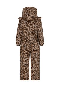 Luipaardprint jumpsuit in bruin en zwart. Beschikt over een capuchon, elastische taille en lange mouwen met een relaxed fit. Glad textuur.