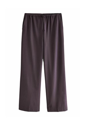 Pantaloni a gamba larga in un tessuto di colore viola scuro, caratterizzati da una vita elasticizzata con cordino regolabile e tasche laterali. Texture liscia e leggera.